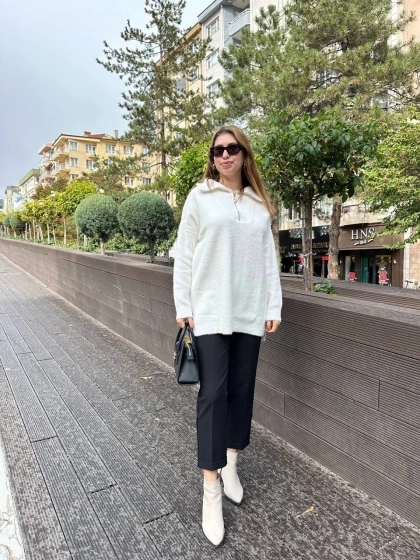 Missemramiss T4577 Ekru Moderna Fermuarlı Kazak