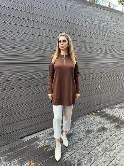 Missemramiss T4587 Kahverengi Live Fermuar Detaylı Triko Kazak