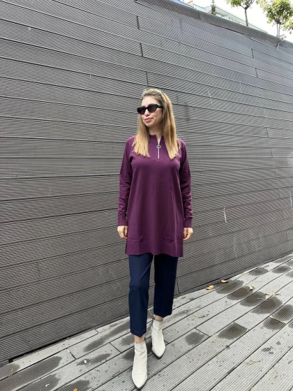 Missemramiss T4587 Mürdüm Live Fermuar Detaylı Triko Kazak