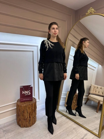 Missemramiss T4696 Siyah Molto Speciale Taşlı Sweatshirt