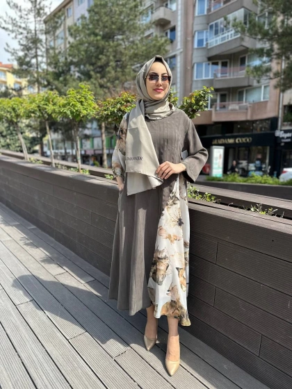 Misswhence 2960 Haki İpek Büyük Beden Elbise