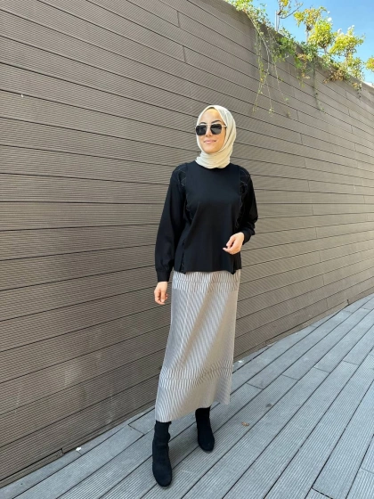 Misswhence 32908 Gri Fermuar Detaylı Pilise Etek