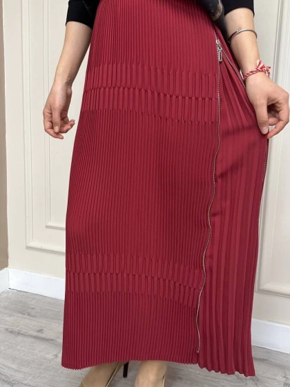 Misswhence 33902 Bordo Fermuar Detaylı Pilise Etek