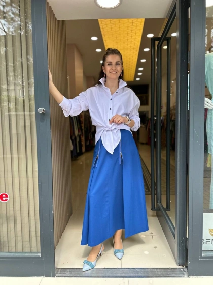 Misswhence 33905 Önü Fermuar Detaylı Saks Etek