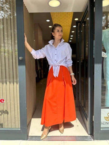 Misswhence 33905 Önü Fermuar Detaylı Turuncu Etek