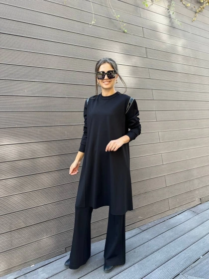 Misswhence 34012 Siyah Omzu Fermuarlı Uzun Tunik