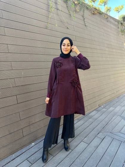 Misswhence 34026 Bordo Gül Detaylı İpek Tunik