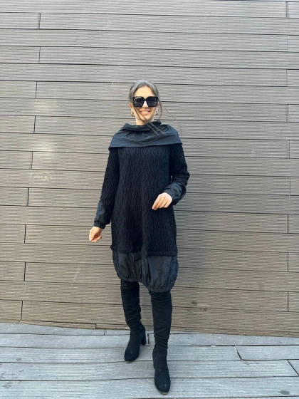 Misswhence 34032 Siyah Paraşüt Kumaş Detaylı Triko Tunik