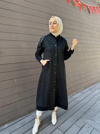 Misswhence 34514 Siyah Deri Detaylı Süet Kap