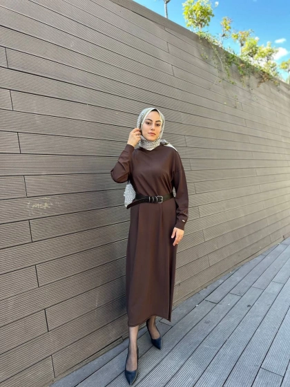 Misswhence 34801 Kahverengi Kemerli Kafesli Elbise