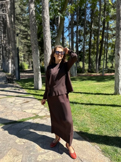 Misswhence 34903 Kahverengi Fermuar Detaylı Pilise Etek