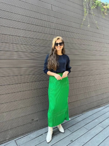 Misswhence 34903 Yeşil Fermuar Detaylı Pilise Etek