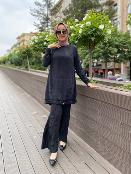 Misswhence 35122 Siyah Dikiş Detaylı İpek Pantolon