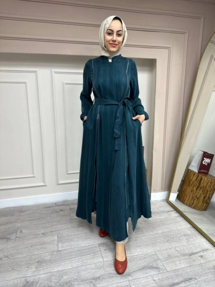 Misswhence 35505 Petrol Fermuar Arası Şifon Detaylı Kap