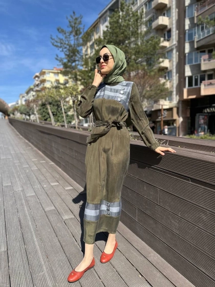 Misswhence 35802 Haki Şerit Detaylı İpek Elbise