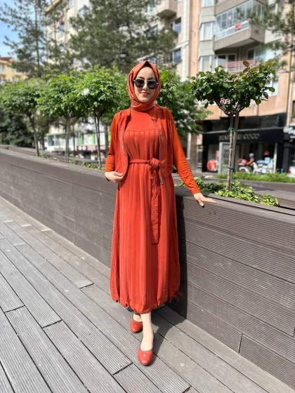 Misswhence 35814 Turuncu İpek Yelekli Elbise