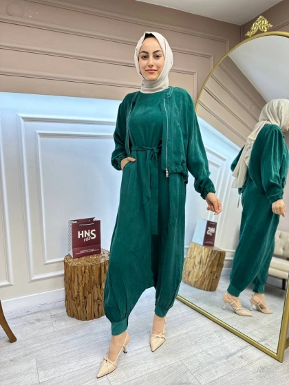 Misswhence 35823 Zümrüt Ceketli İpek Tulum Takım