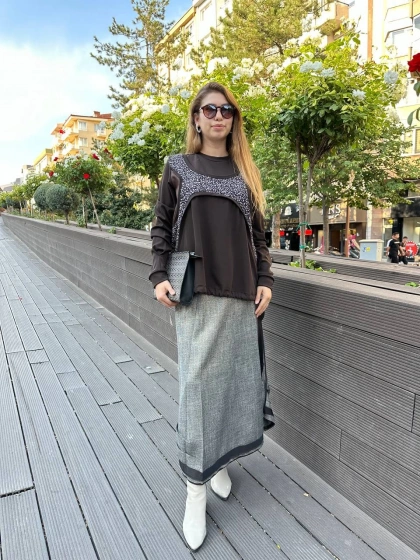 Misswhence 36000 Kahverengi Patchwork Bluz