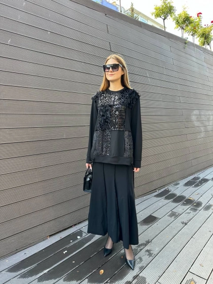 Misswhence 36004 Siyah Patchwork Bluz Paraşüt Etek Takım