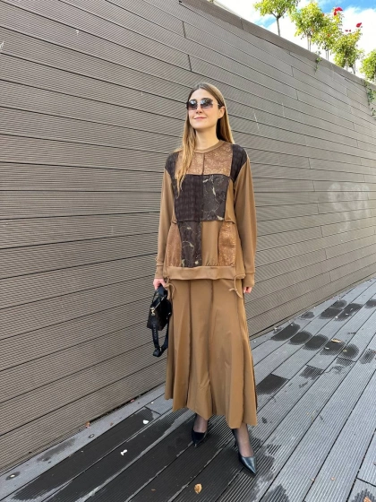 Misswhence 36004 Taba Patchwork Bluz Paraşüt Etek Takım