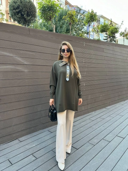 Misswhence 36013 Haki Yaka Detaylı Triko Tunik