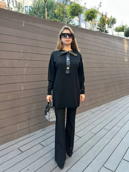 Misswhence 36013 Siyah Yaka Detaylı Triko Tunik
