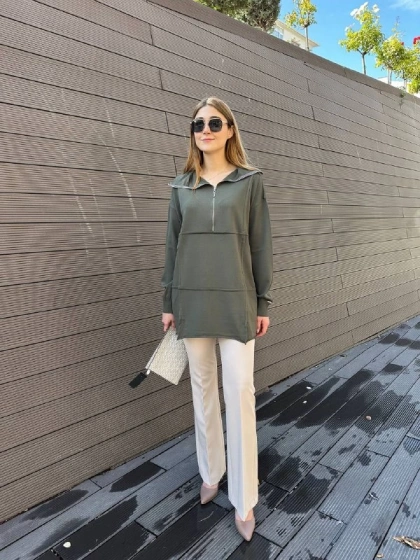 Misswhence 36016 Haki Fermuar Detaylı Triko Tunik