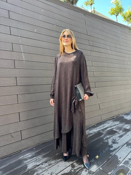 Misswhence 36019 Kahverengi İpek Tunik Takım