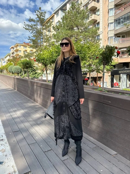 Misswhence 36410 Siyah Kadife Patchwork Kap