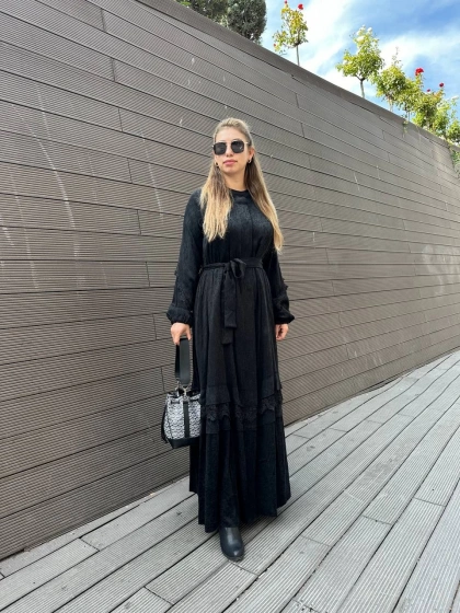 Misswhence 36528 Siyah Güpürlü Jakar İpek Kap