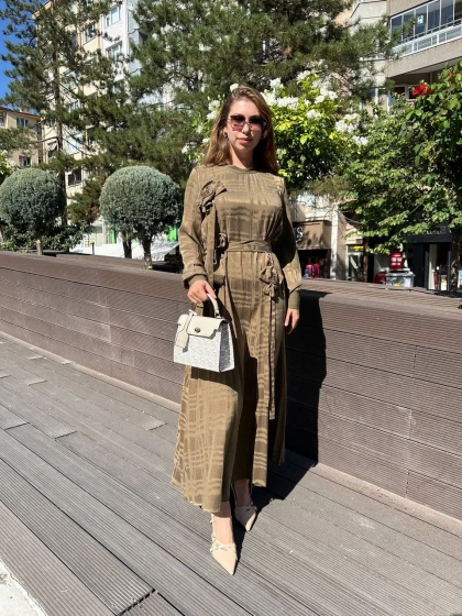 Misswhence 36800 Haki Kendinden Desenli Elbise