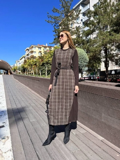 Misswhence 36814 Kahverengi Desenli Elbise