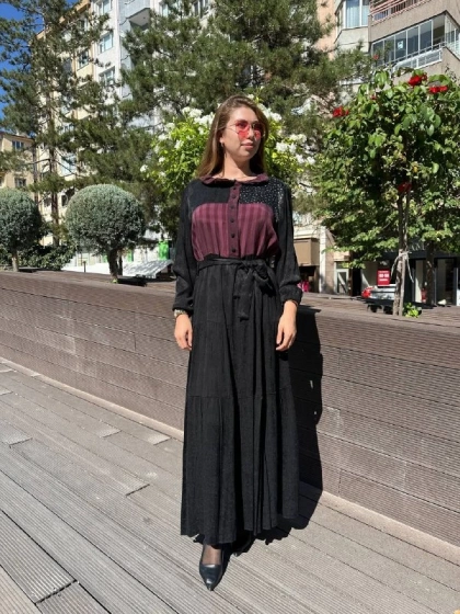 Misswhence 36821 Siyah Yaka Detaylı Elbise