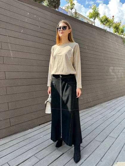 Misswhence 36901 Siyah Kot Fermuarlı Etek