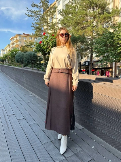 Misswhence 36904 Kahverengi Fermuar Detaylı Etek