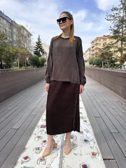 Misswhence 37004 Kahverengi İpek Tunik