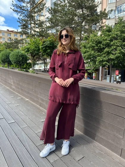 Misswhence 37007 Bordo İpek Pantolonlu Takım