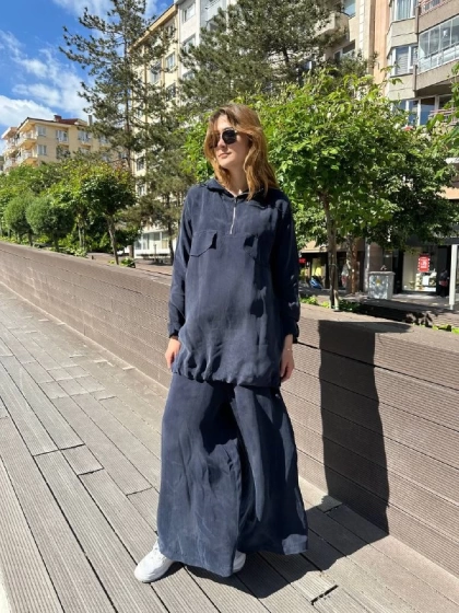 Misswhence 37007 Lacivert İpek Pantolonlu Takım