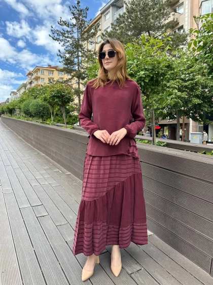 Misswhence 37016 Bordo İpek Etekli Takım
