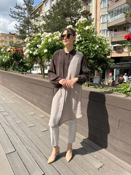 Misswhence 37315 Kahve Taş Cupro İpek Gömlek