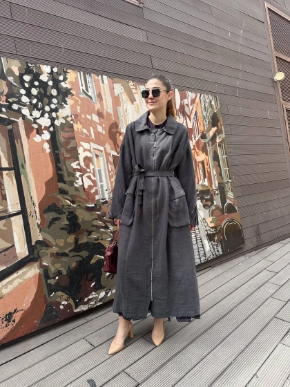 Misswhence 37509 Gri Arkası Fermuar Detaylı Keten Kap