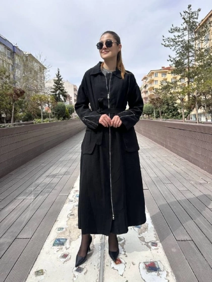 Misswhence 37509 Siyah Arkası Fermuar Detaylı Keten Kap