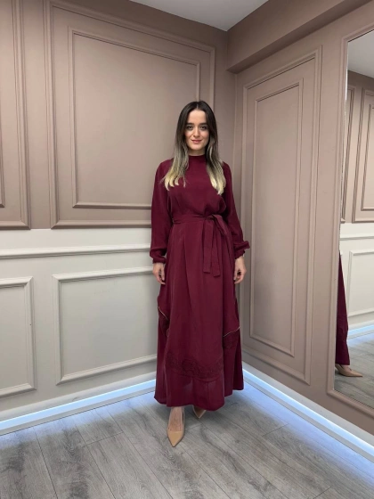 Misswhence 37800 Açık Bordo Fermuarlı İşlemeli Elbise