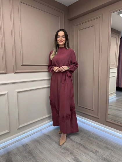 Misswhence 37800 Gül Kurusu Fermuarlı İşlemeli Elbise