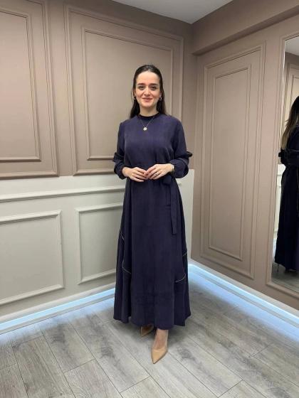 Misswhence 37800 Mor Fermuarlı İşlemeli Elbise