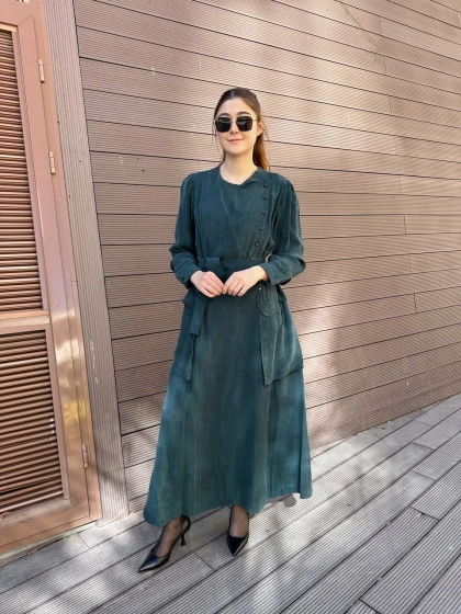 Misswhence 37805 Zümrüt Düğme Detaylı Elbise