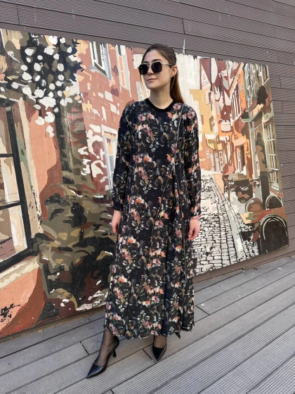 Misswhence 37830 Siyah Baskılı Fermuarlı Elbise