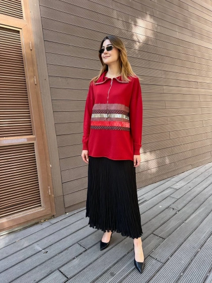 Misswhence 38001 Kırmızı Triko Patchwork Tunik