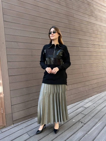 Misswhence 38001 Siyah Triko Patchwork Tunik