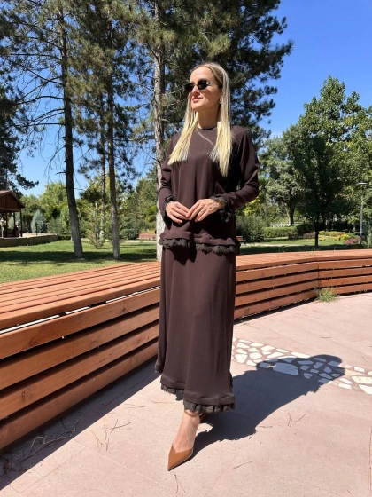 Misswhence 38004 Kahverengi Güpür Detaylı Etekli Takım